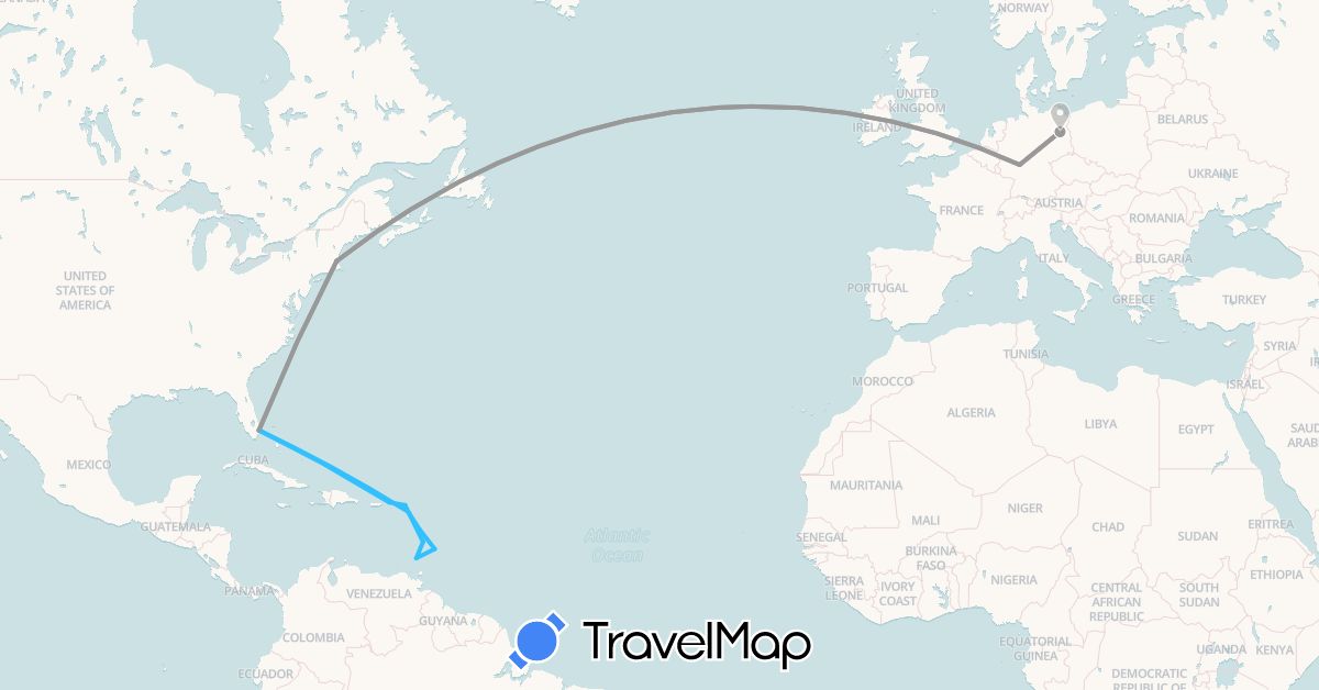 TravelMap itinerary: driving, plane, boat in Barbados, Germany, Dominica, Grenada, Saint Kitts and Nevis, Saint Lucia, Netherlands, United States, U.S. Virgin Islands (Europe, North America)